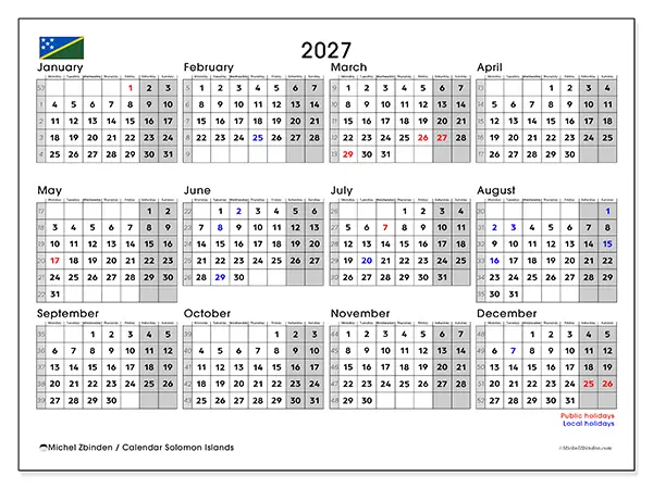 Printable Annual calendar 2027 - Solomon Islands