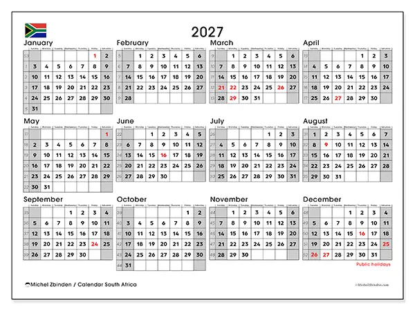 Printable Annual calendar 2027 - South Africa