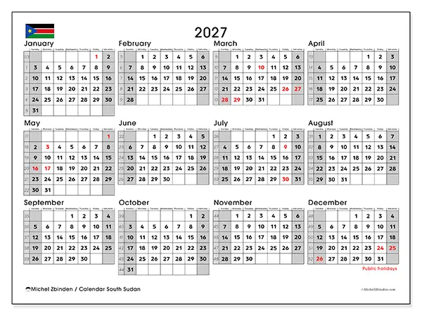 Printable Annual calendar 2027 - South Sudan