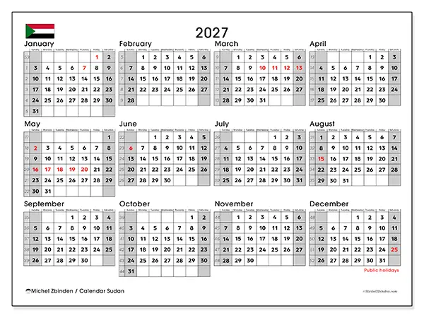 Printable Annual calendar 2027 - Sudan