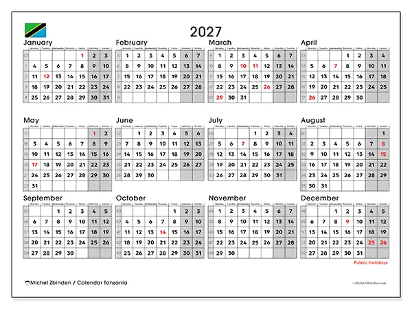 Printable Annual calendar 2027 - Tanzania
