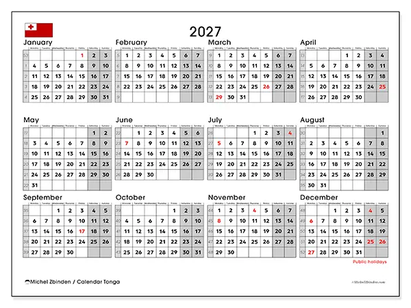 Printable Annual calendar 2027 - Tonga