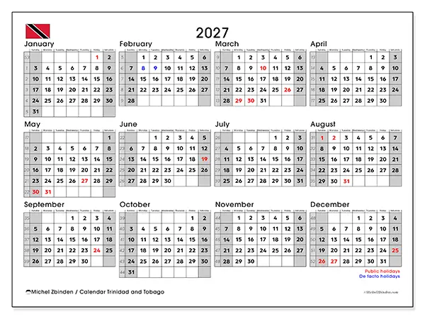 Printable Annual calendar 2027 - Trinidad and Tobago