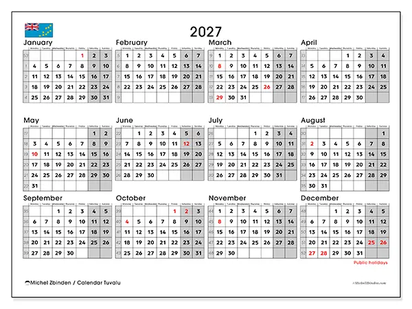 Printable Annual calendar 2027 - Tuvalu