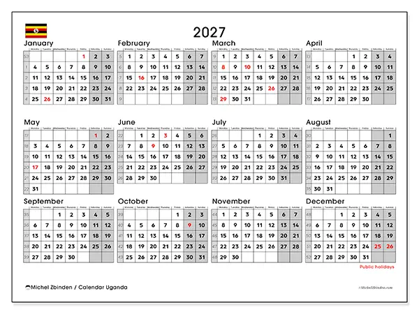Printable Annual calendar 2027 - Uganda