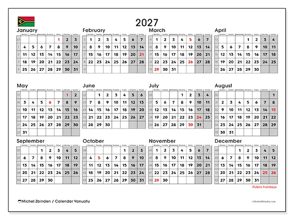Printable Annual calendar 2027 - Vanuatu