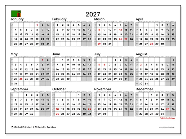 Printable Annual calendar 2027 - Zambia