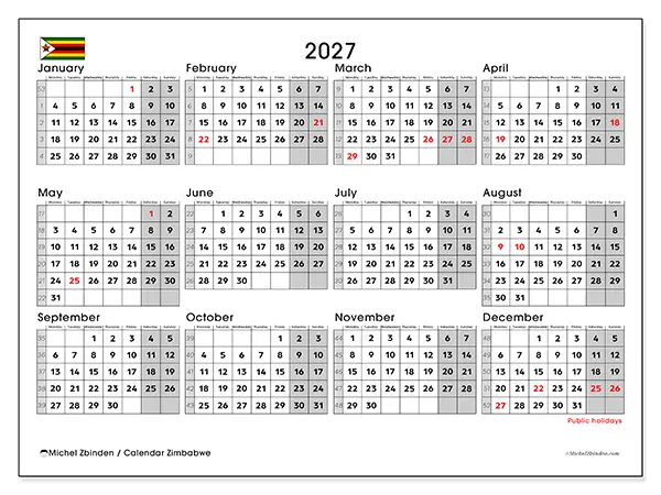 Printable Annual calendar 2027 - Zimbabwe