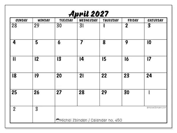 Printable April 2027 calendar - Detailed organization - Week from Sunday to Saturday