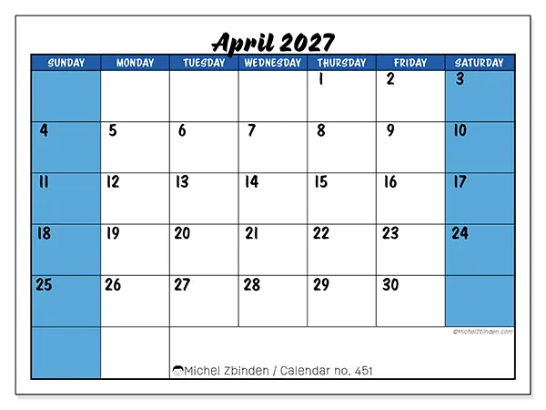 Printable April 2027 calendar - Dynamic organization - Week from Sunday to Saturday