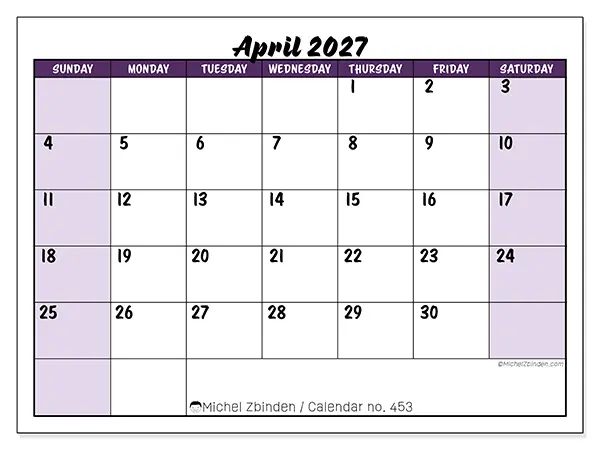 Printable April 2027 calendar - Colorful efficiency - Week: Sunday to Saturday