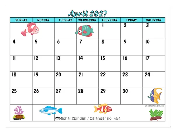 Printable April 2027 calendar - Colorful fish - Week: Sunday to Saturday