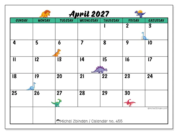Printable April 2027 calendar - Little dinosaurs - Week from Sunday to Saturday