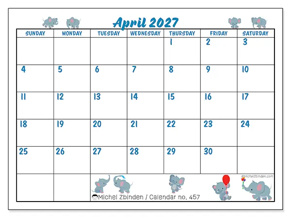Printable April 2027 calendar - Little elephants - Week from Sunday to Saturday