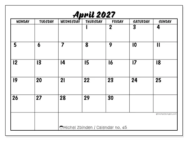 Printable April 2027 calendar - Academic success