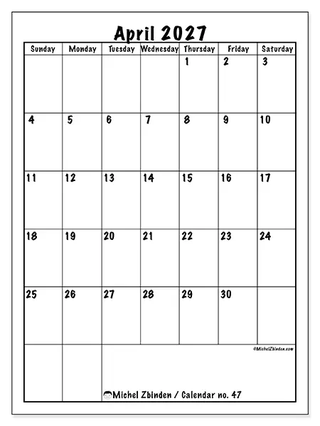 Printable April 2027 calendar - Efficient planning - Week: Sunday to Saturday