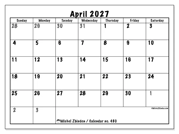 Printable April 2027 calendar - Complete planning - Week from Sunday to Saturday