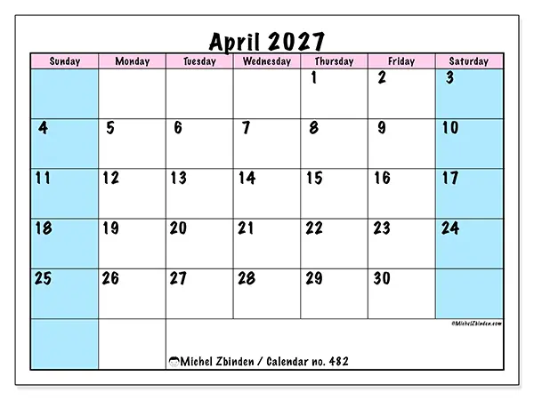 Printable April 2027 calendar - Team schedule - Week: Sunday to Saturday