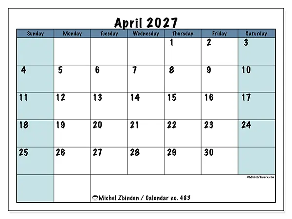 Printable April 2027 calendar - Structured for school - Week from Sunday to Saturday