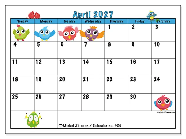 Printable April 2027 calendar - Funny birds - Week: Sunday to Saturday