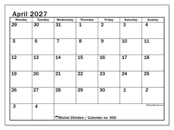 Printable April 2027 calendar - Intensive planning