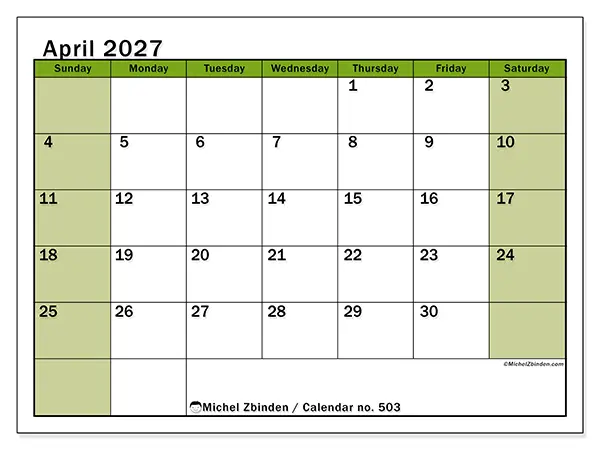 Printable April 2027 calendar - Lively organization - Week: Sunday to Saturday