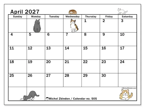 Printable April 2027 calendar - Cat life - Week: Sunday to Saturday