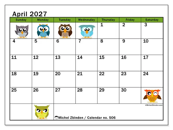 Printable April 2027 calendar - Funny owls - Week: Sunday to Saturday