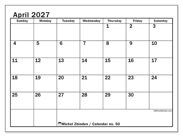 Printable April 2027 calendar - Optimal planning - Week: Sunday to Saturday