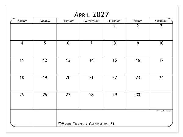 Printable April 2027 calendar - Meal planner - Week from Sunday to Saturday