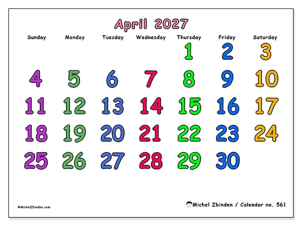 Printable April 2027 calendar - Creative moments - Week from Sunday to Saturday