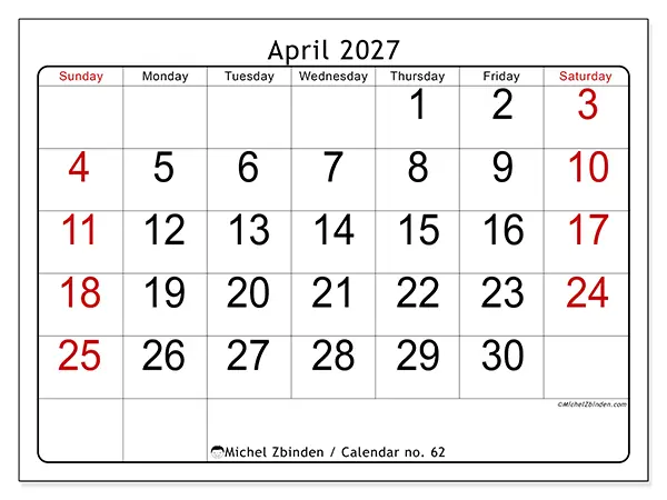 Printable April 2027 calendar - Speed reading - Week from Sunday to Saturday