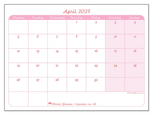 Printable April 2027 calendar - Gentle organization