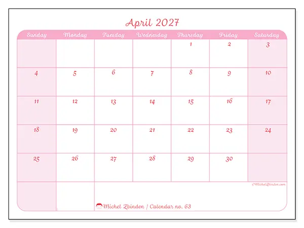 Printable April 2027 calendar - Gentle organization - Week: Sunday to Saturday