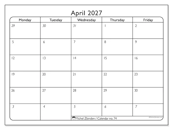 Printable April 2027 calendar - Work organization