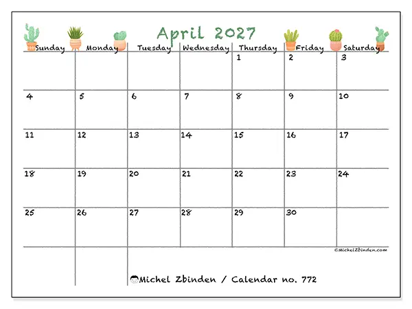 Printable April 2027 calendar - Decorative cactus - Week from Sunday to Saturday