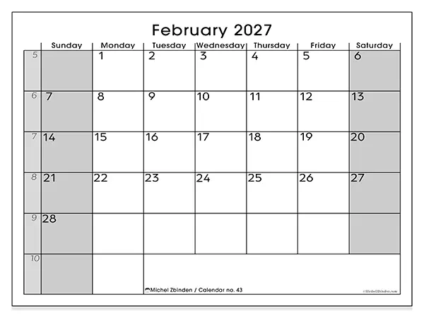 Printable February 2027 calendar - Perfect organization - Week: Sunday to Saturday