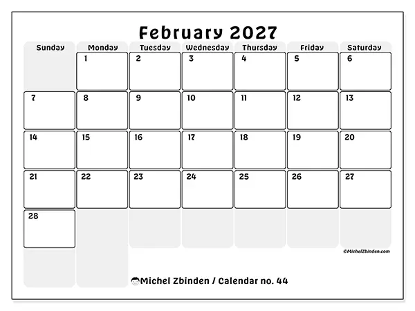 Printable February 2027 calendar - Structured planning - Week: Sunday to Saturday