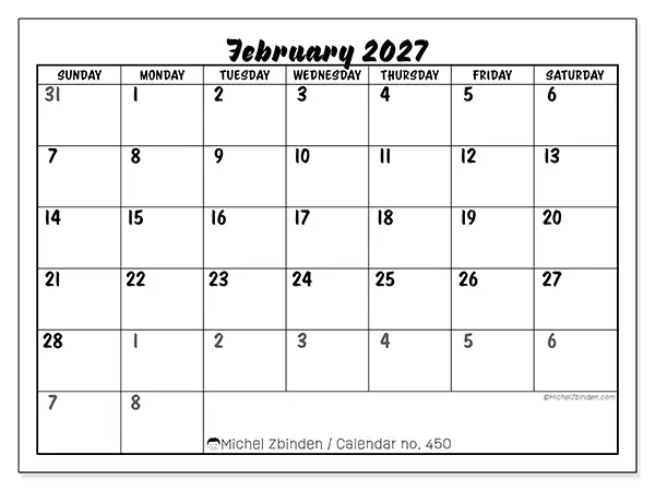 Printable February 2027 calendar - Detailed organization - Week: Sunday to Saturday
