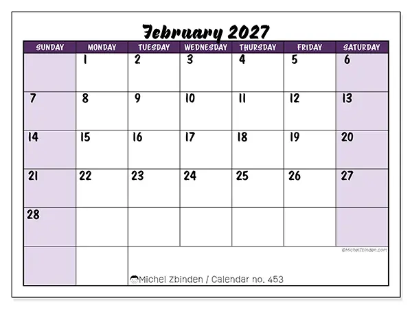 Printable February 2027 calendar - Colorful efficiency - Week: Sunday to Saturday