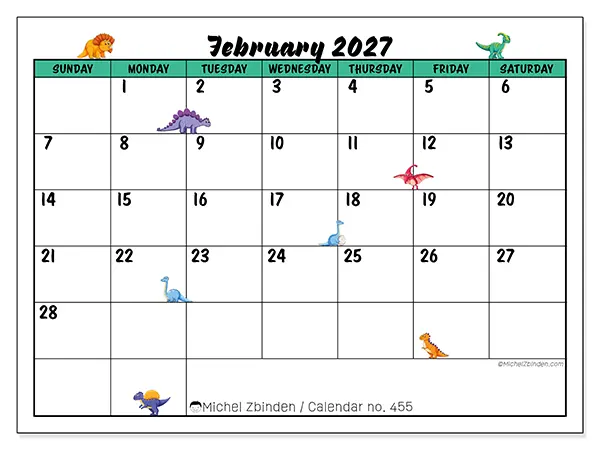 Printable February 2027 calendar - Little dinosaurs - Week: Sunday to Saturday