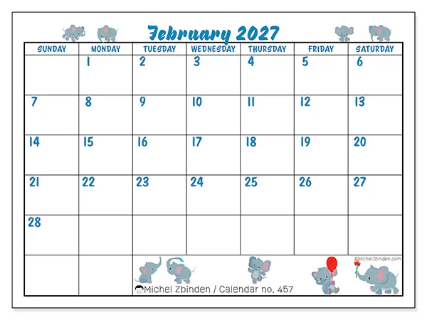 Printable February 2027 calendar - Little elephants - Week: Sunday to Saturday