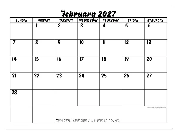 Printable February 2027 calendar - Academic success - Week: Sunday to Saturday