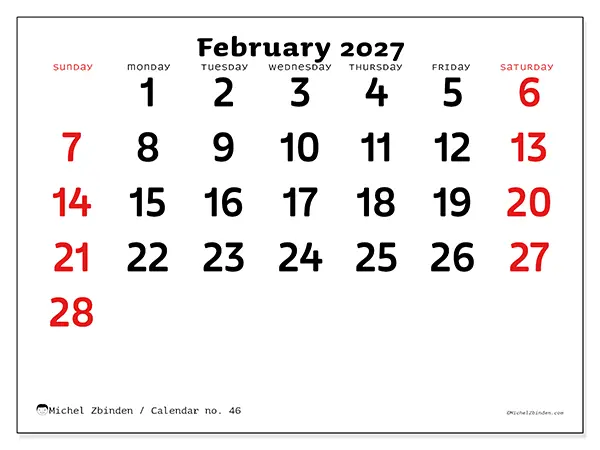 Printable February 2027 calendar - Clear vision - Week: Sunday to Saturday