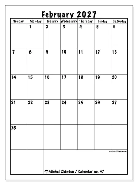 Printable February 2027 calendar - Efficient planning - Week: Sunday to Saturday