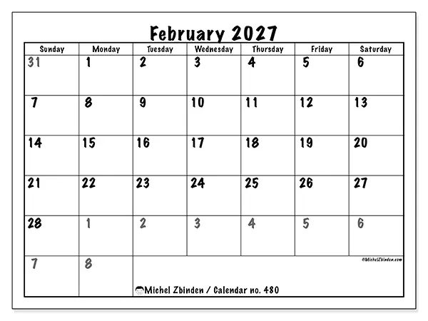 Printable February 2027 calendar - Complete planning - Week: Sunday to Saturday