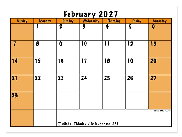 Printable February 2027 calendar - Dynamic planning - Week: Sunday to Saturday