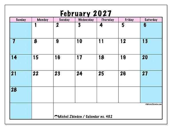 Printable February 2027 calendar - Team schedule - Week: Sunday to Saturday