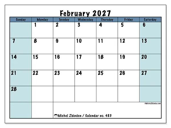 Printable February 2027 calendar - Structured for school - Week: Sunday to Saturday