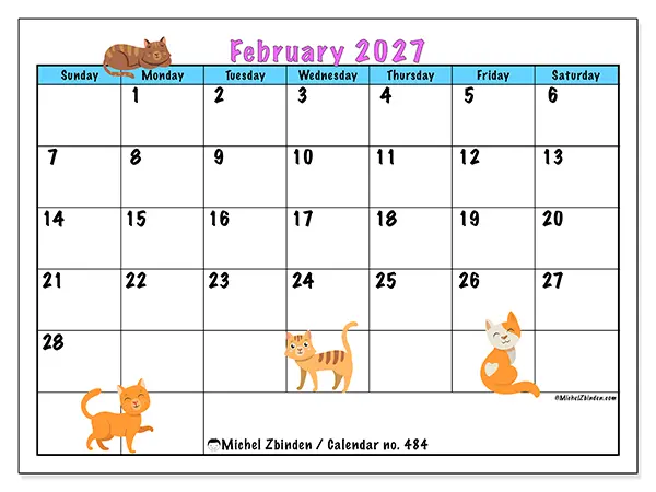 Printable February 2027 calendar - Love of cats - Week: Sunday to Saturday